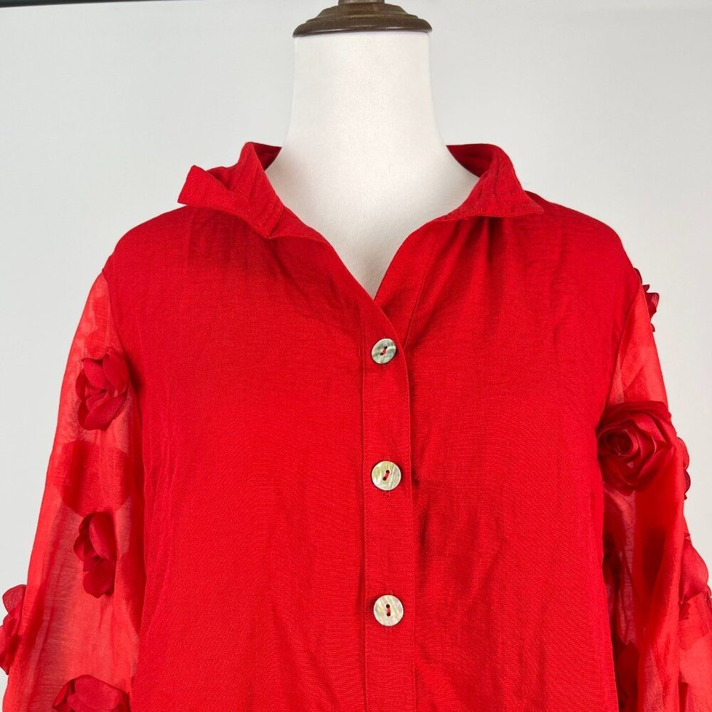 NWOT John Mark Scarlet Red Rosette Applique Sheer Balloon 3/4 Sleeve Blouse XL - Picture 3 of 14